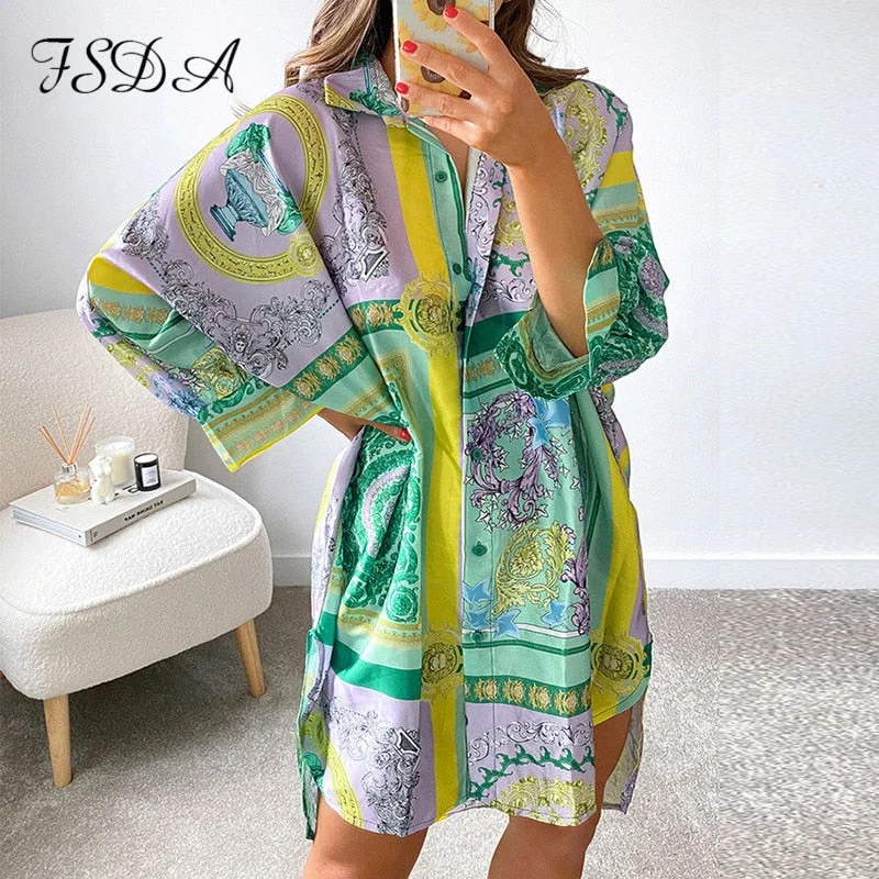 FSDA 2021 Summer Long Sleeve Shirt Dress Women V Neck Print Blue Loose Beach Sexy Party Casual Green Dresses