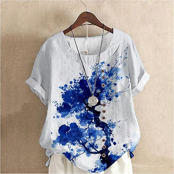 Women's Watercolor Tree Pattern Cotton And Linen Short Sleeve Top