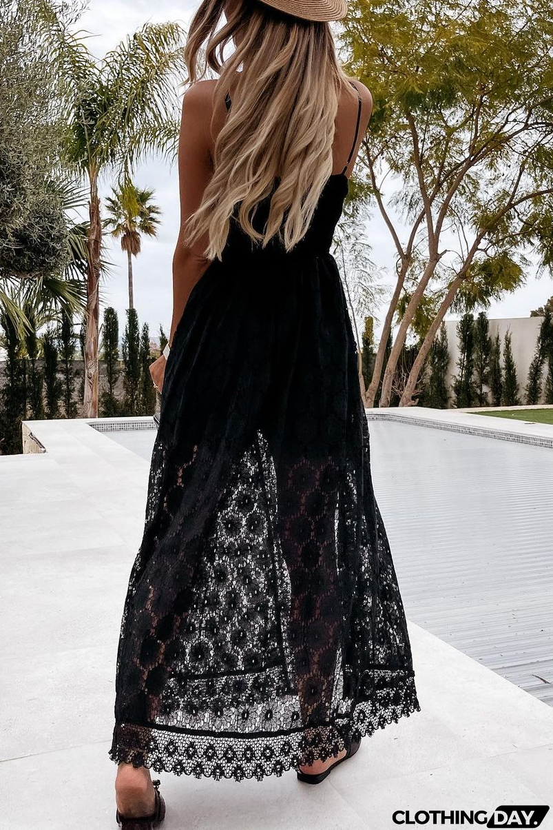 V-neck Lace Patchwork Slit Dress Romper