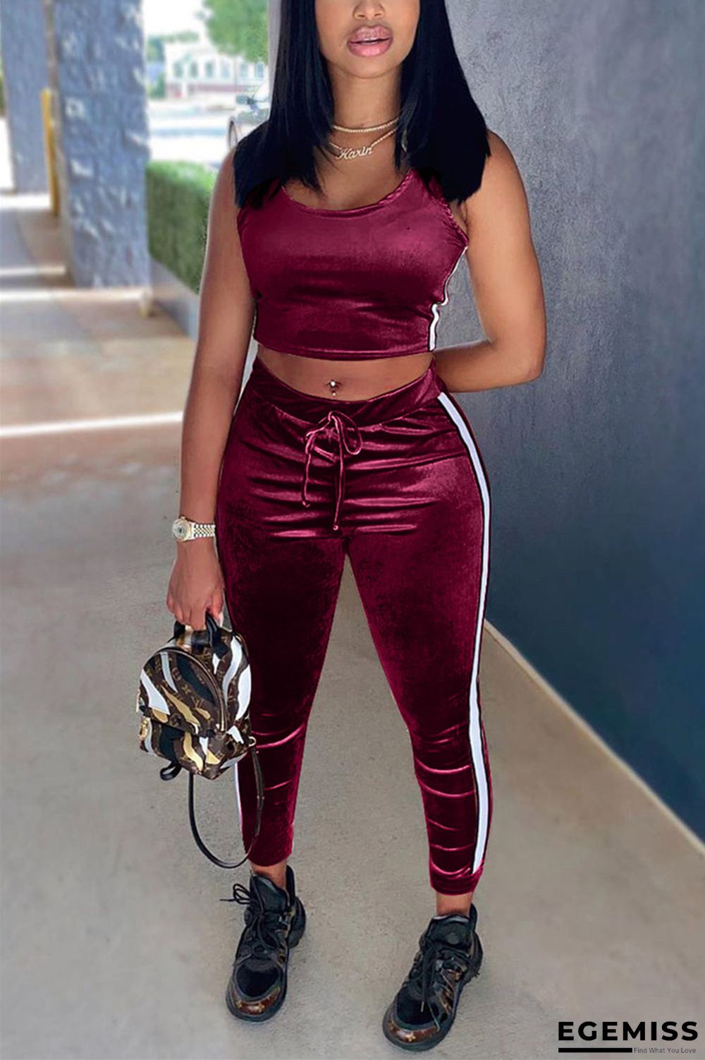 Wine Red Velvet Fashion Casual adult Ma'am Patchwork Solid Two Piece Suits Straight Sleeveless Two Pieces | EGEMISS