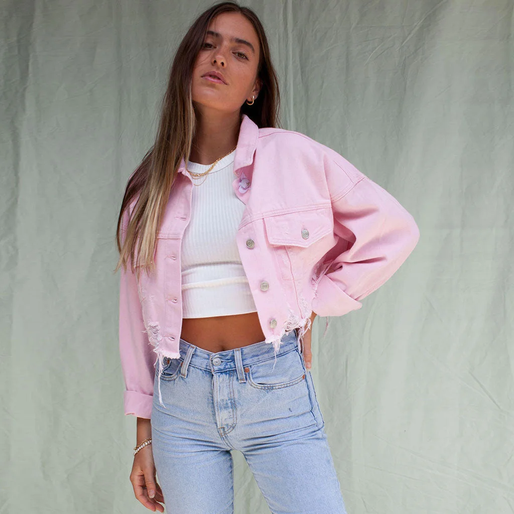 Hottynova Street Long Sleeve Button Up Frayed Crop Denim Jacket - Pink