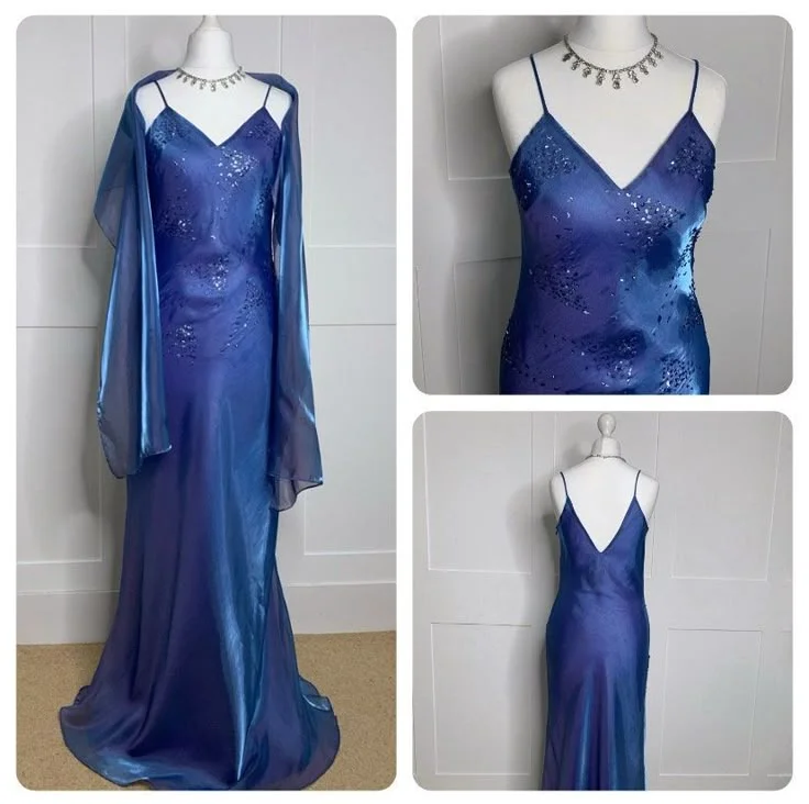 Blue fashion small V-neck exquisite floral beaded spaetti strap fairy long satin floor-length small train chiffon ball gown evening dress party dress wedding guest dress graduation dress prom dress mother of the bride dress