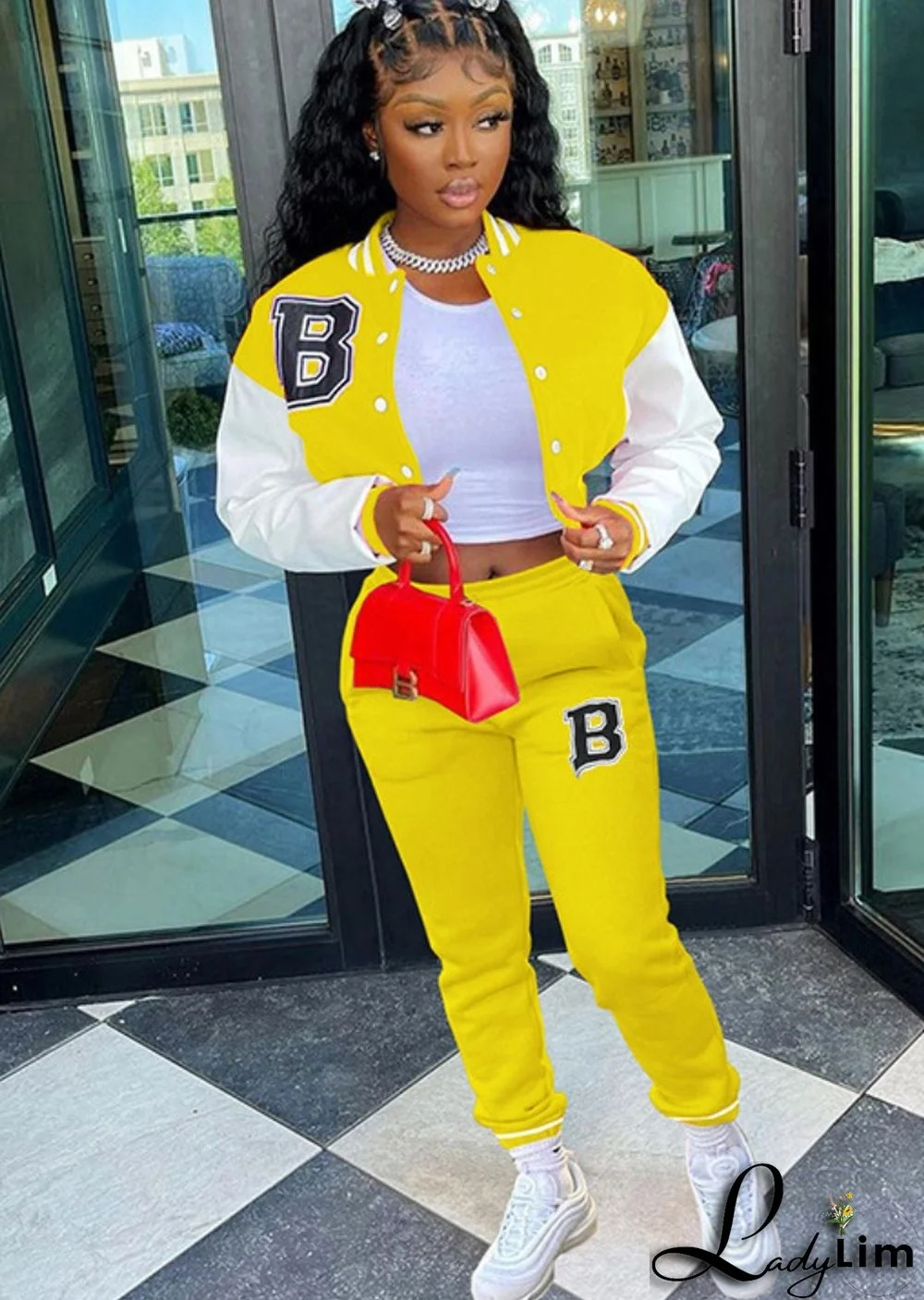 Spring Yellow Letter Print Baseball Jacket and Sweatpants Sportswear Vendors