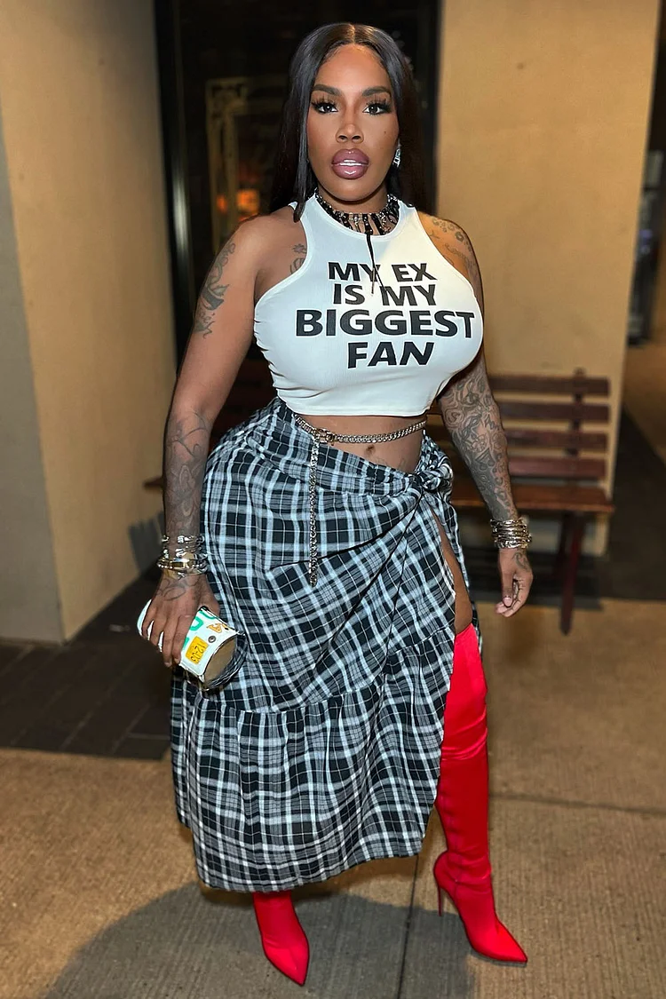 Letter Print Crop Vest Plaid Slit Maxi Skirt 2pcs Set-White [Pre Order]