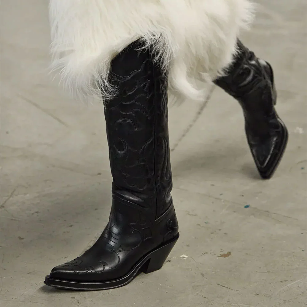 Black Pointed Toe Knee High Cowboy Boots for Women with Stitching