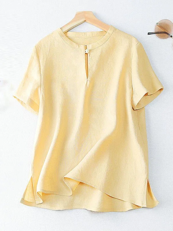 Pure Color Crew Neck Short Sleeve Buttoned Casual Linen Tee Top