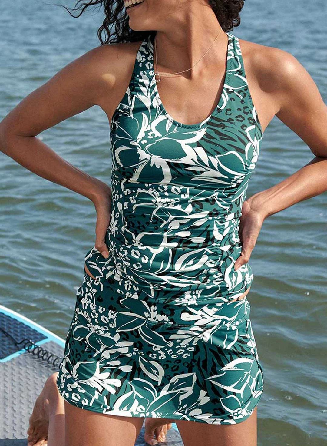 Women Floral Tankini Top with Swim Skirt