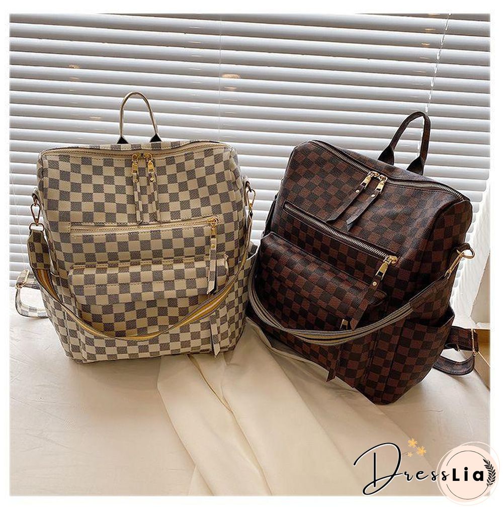 Retro Faux Leather Check Pattern Print Rucksack Vegan Backpack Tote
