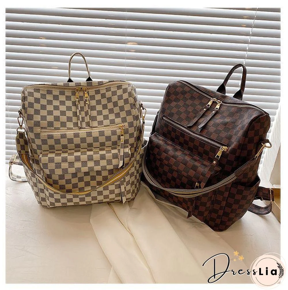 Retro Faux Leather Check Pattern Print Rucksack Vegan Backpack Tote
