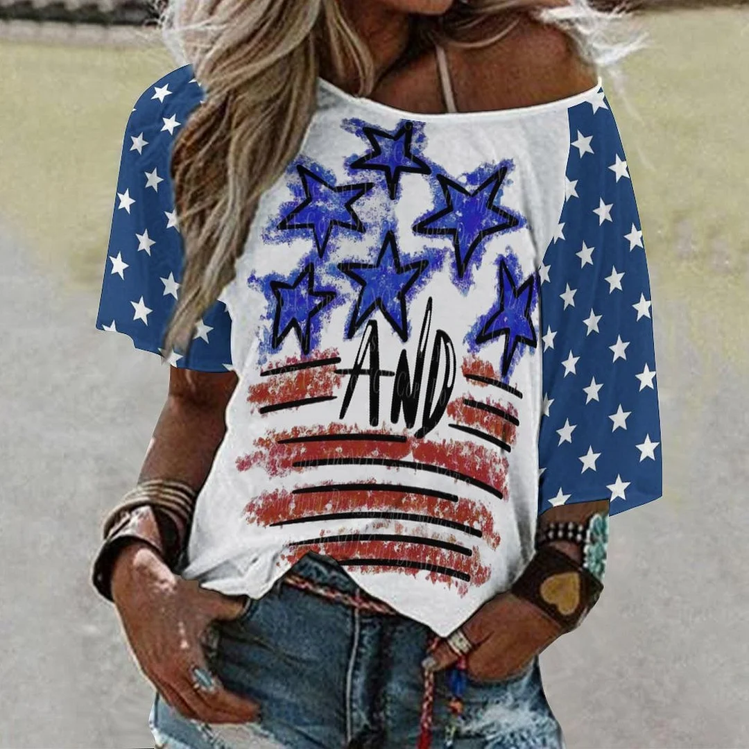 Shoulder Off  Loose Short Sleeve Casual T-shirt for Women Printed with Pattern USA, Independence Day, Star, Striped, Blue, Red