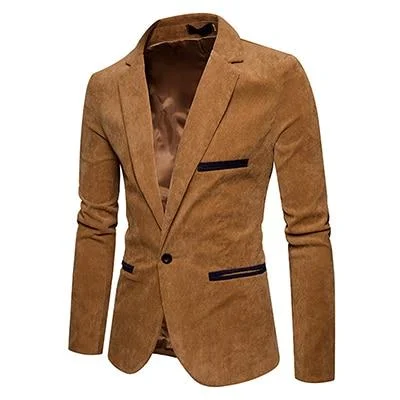 Men Casual Suit Jacket Men Solid Color Corduroy Worsted Fabric Suit Blazers Pocket Button Decorate Men's Suit Coat