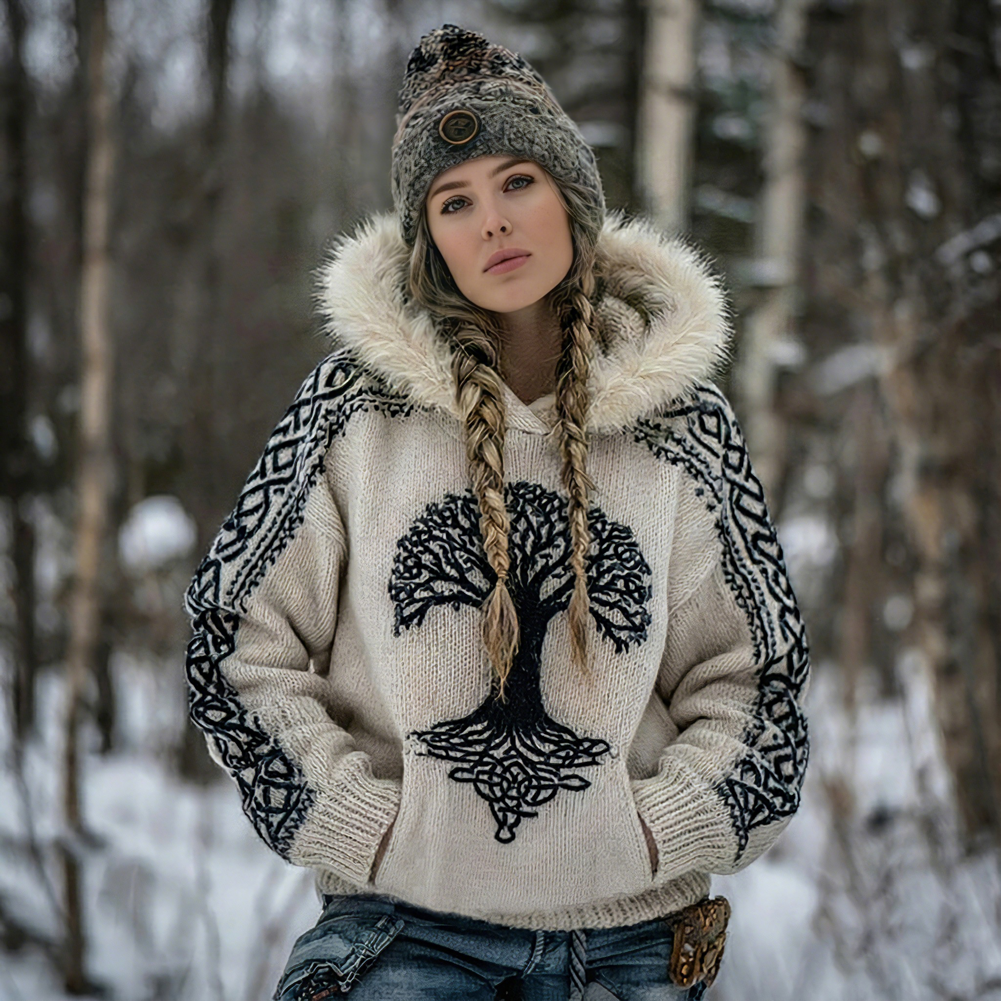 Women's Vintage Viking Style Celtic Tree Of Life Art Fur Collar Cozy Warm Hooded Sweater elevenforest