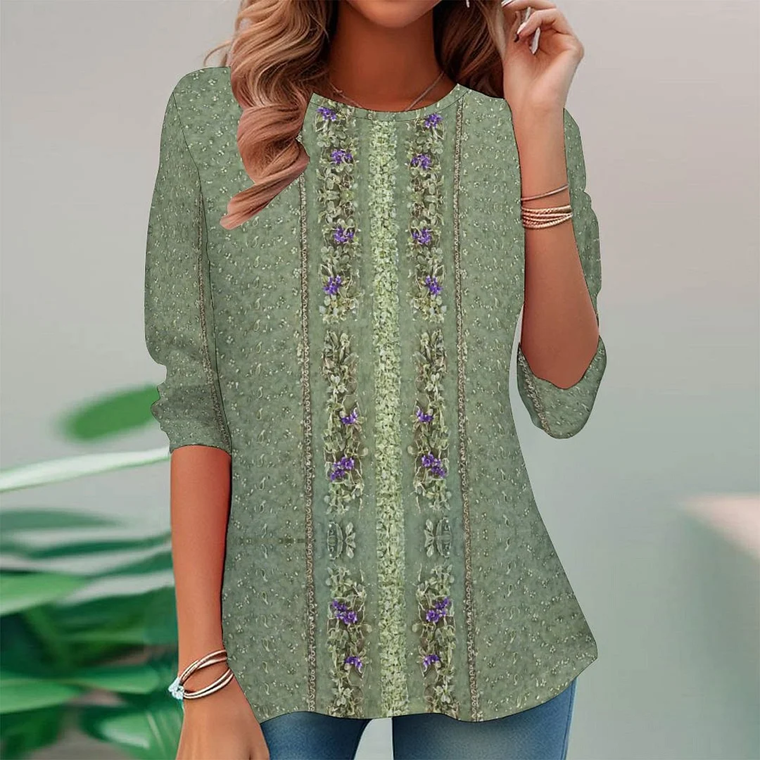 Vintage Printed Long Sleeve Plus Size Tunic for  Women and Men Unisex Pattern Green,Floral,Vintage