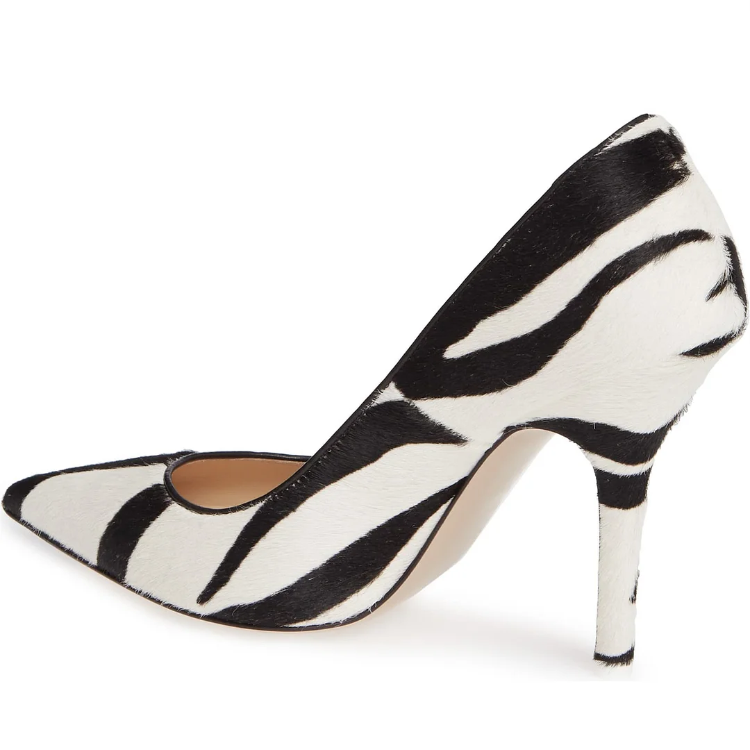 Black and White Horsehair Stiletto Heels Zebra Print Pointy Toe Pumps ...