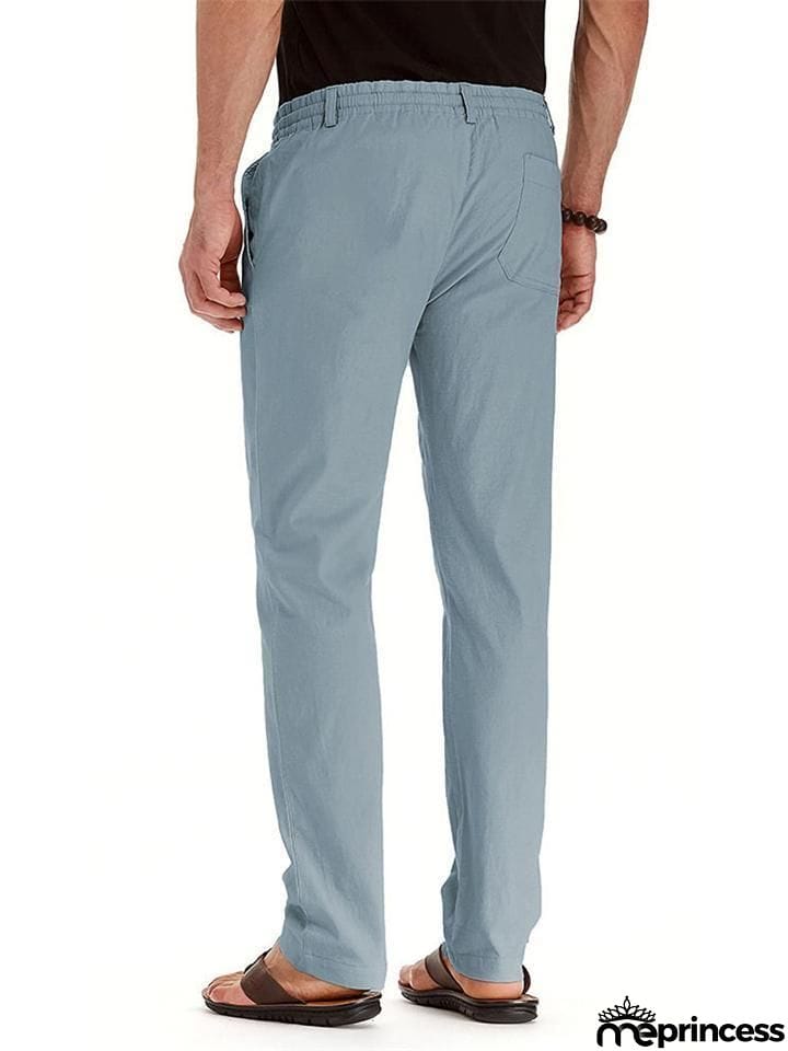 Men's Elastic Drawstring Waistband Casual Straight Cotton Pants