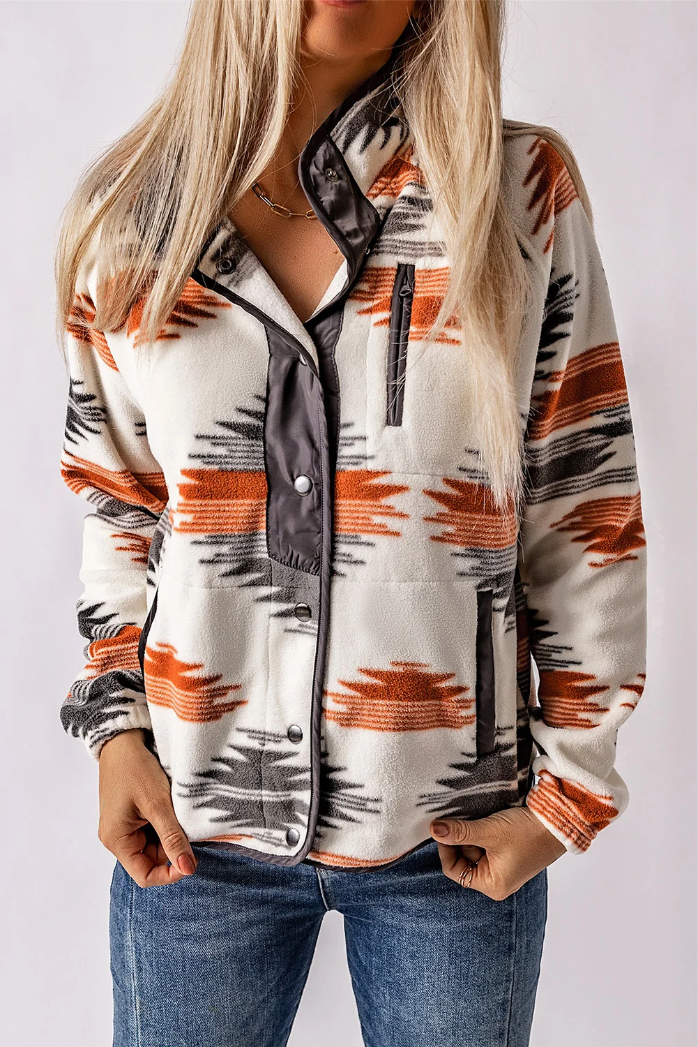Gray Western Aztec Snap Buttoned Fleece Jacket | IFYHOME