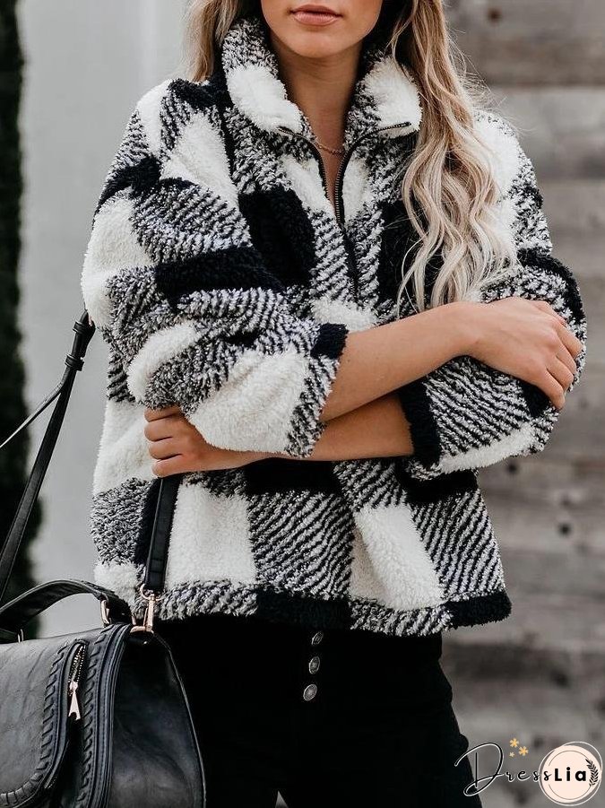 Women's Hoodies Thick Stand Collar Plaid Long Sleeve Hoodie