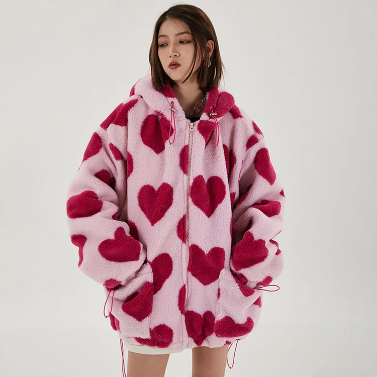 Cute Contrast Color Heart Printed Hooded Long Sleeve Zip-up Thick Warm Coat