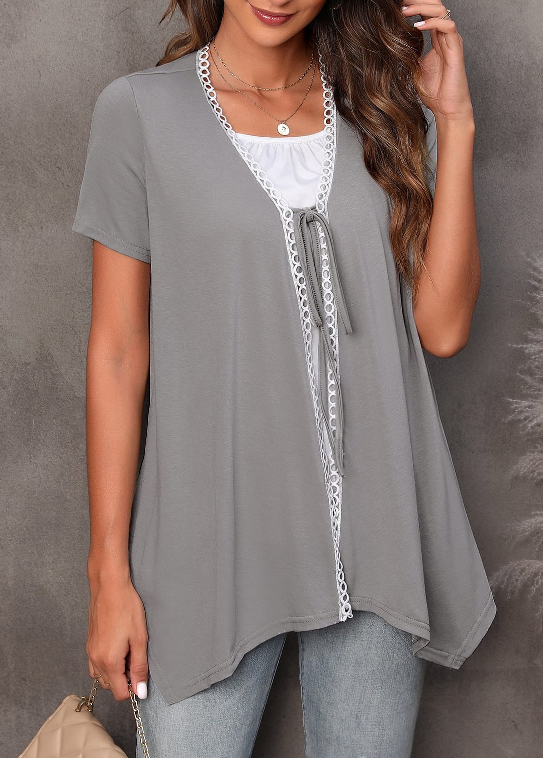 Faux Two Piece Tie Front Dark Grey T Shirt