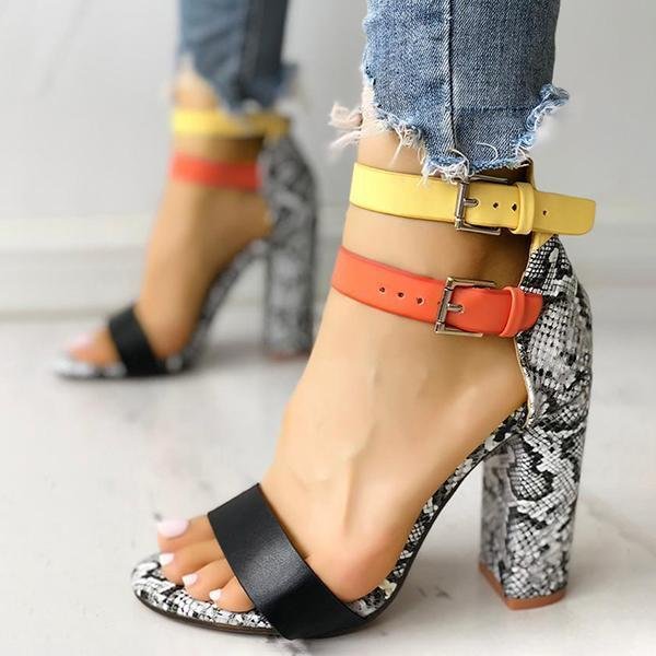 Susiecloths Contrast Color Snakeskin Buckled Chunky Heeled Sandals