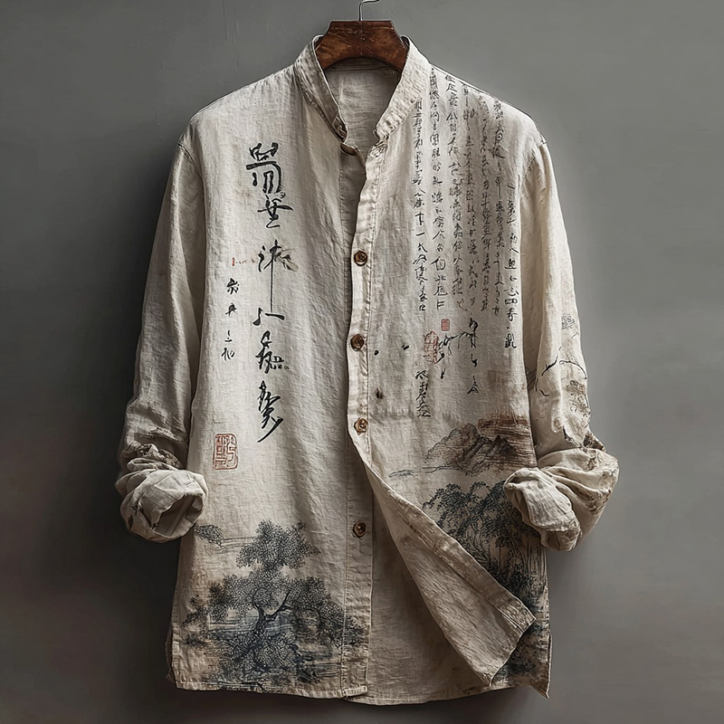 Japanese-style Calligraphy Art Linen Shirt  artssus