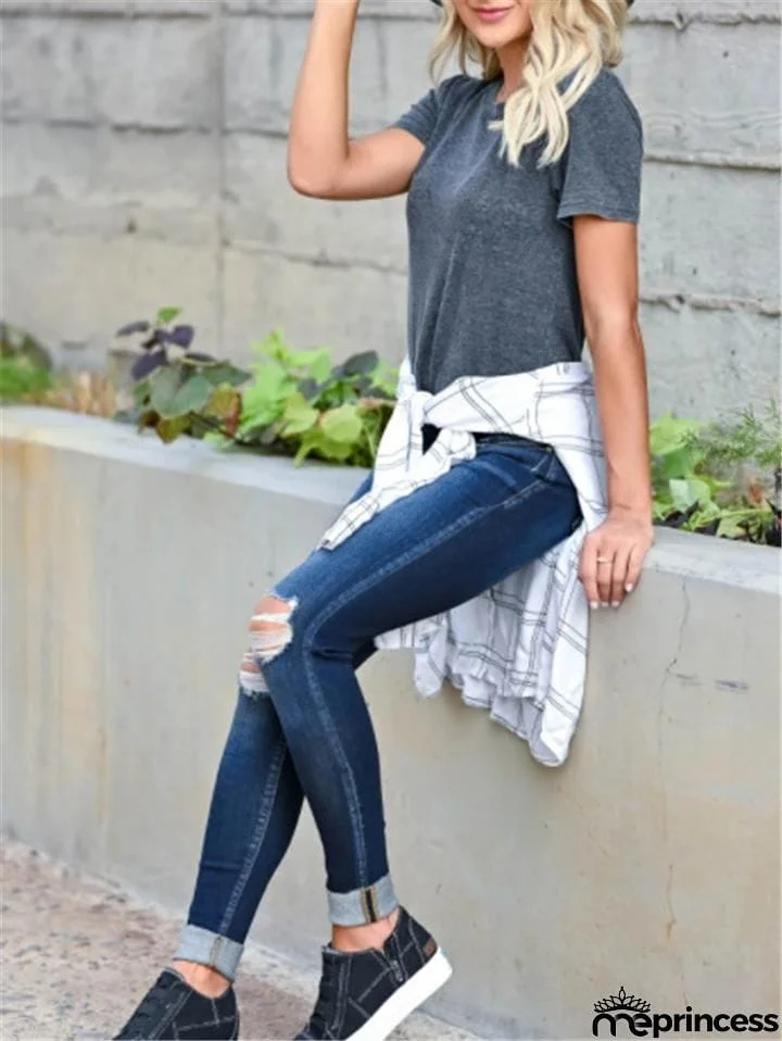 Slim Fit Mid-Rise Ripped Washed Pocket Skinny Denim Pants