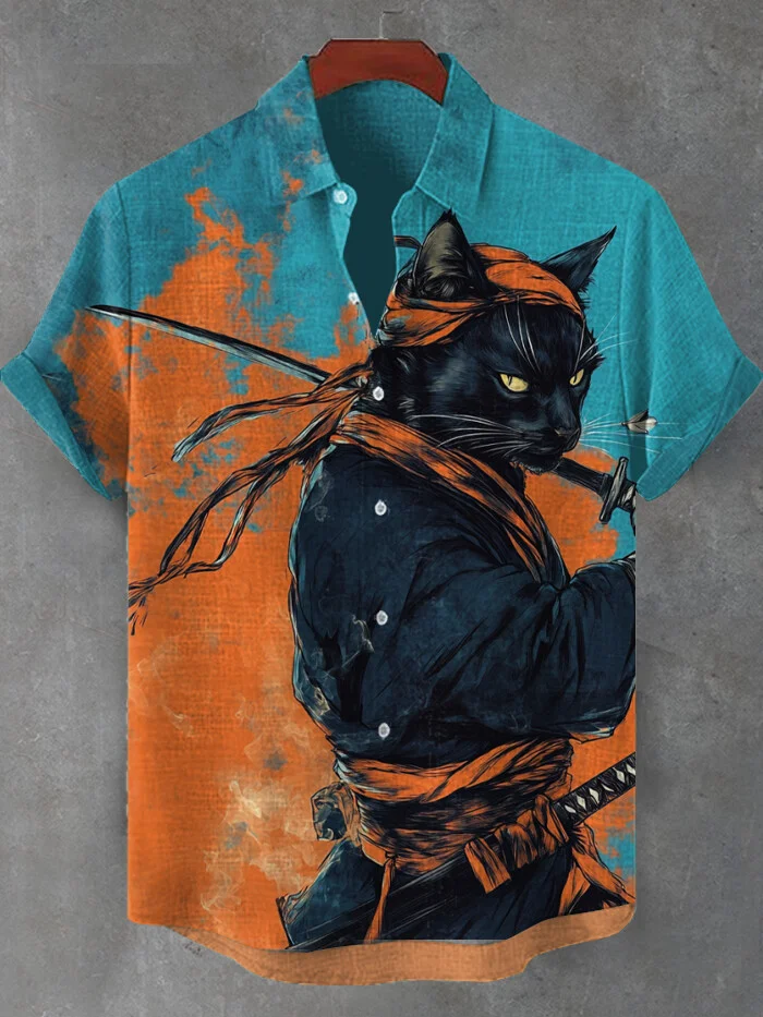 Men's Handsome Black Cat Warrior Swordsman Stands Sideways Art Print Short Sleeve Shirt