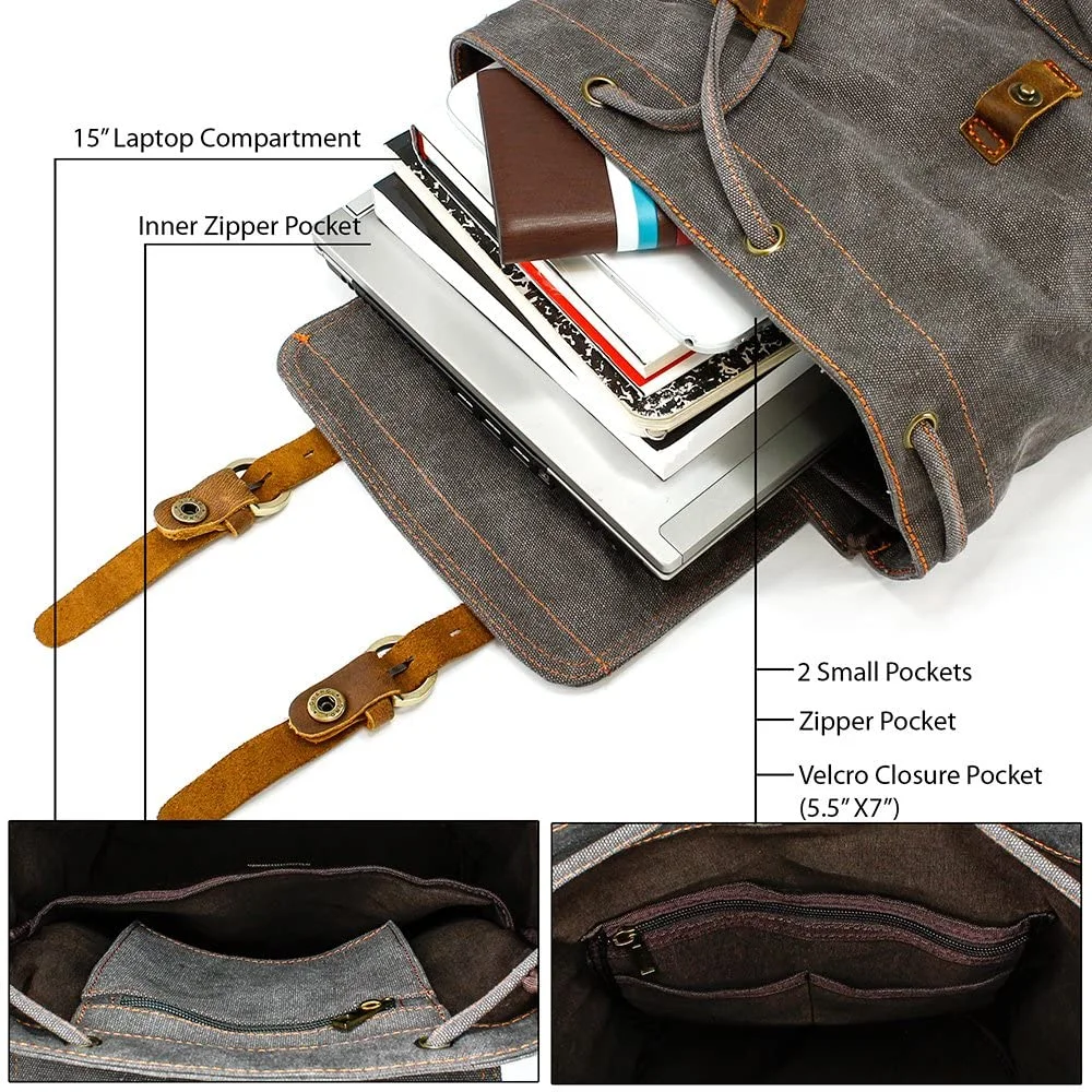 Vintage Canvas Backpack for Men Leather Rucksack Knapsack 15 inch Laptop Tote Satchel School Military Army Shoulder Rucksack Hiking Bag