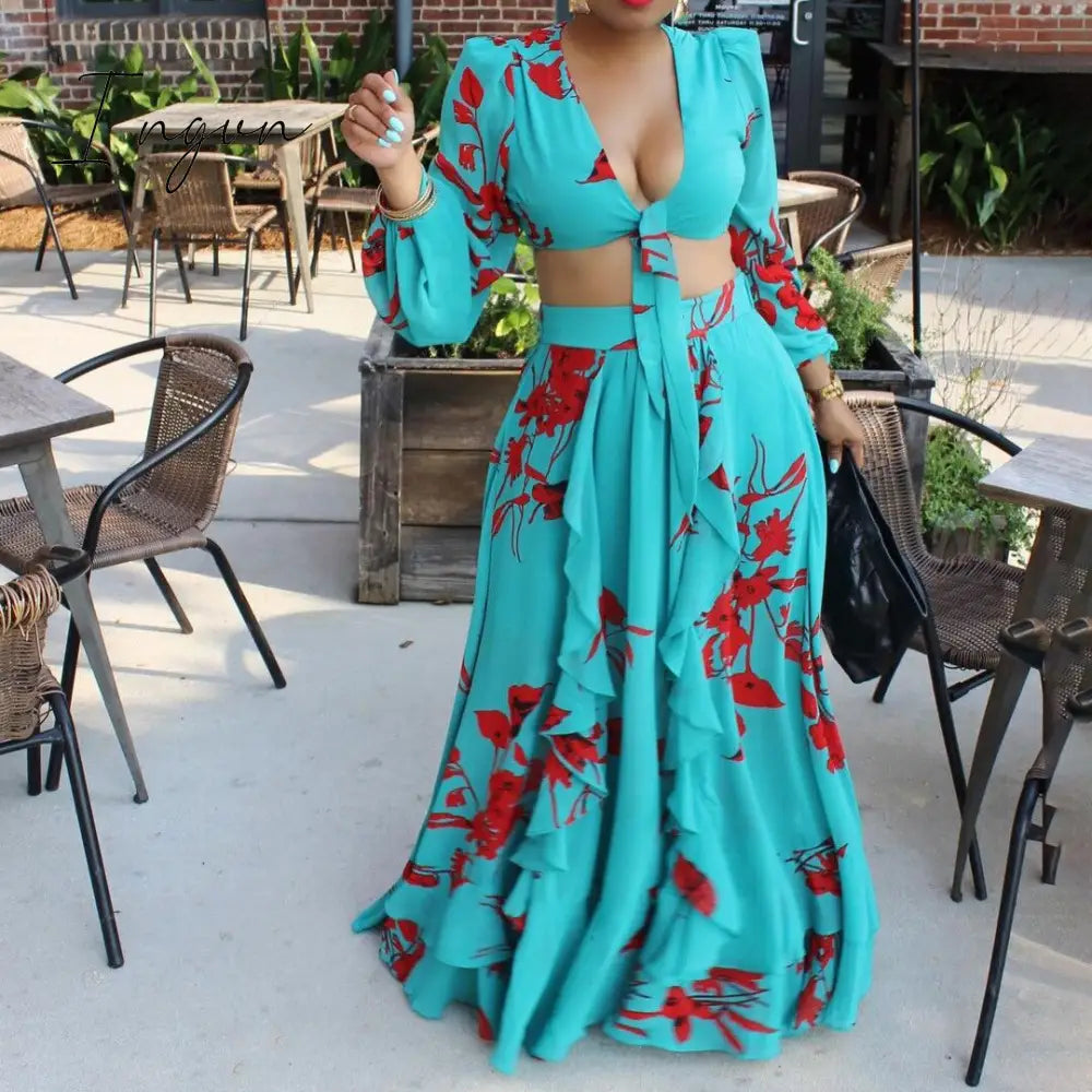 Ingvn - Summer Fashion African Women Long Sleeve V - Neck Polyester Printing Yellow Orange Green