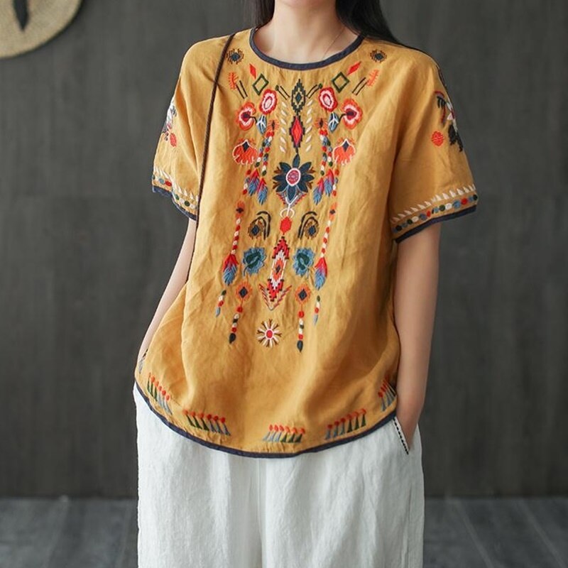 Summer T-Shirt Women Loose Linen Cheongsam Top Embroidery