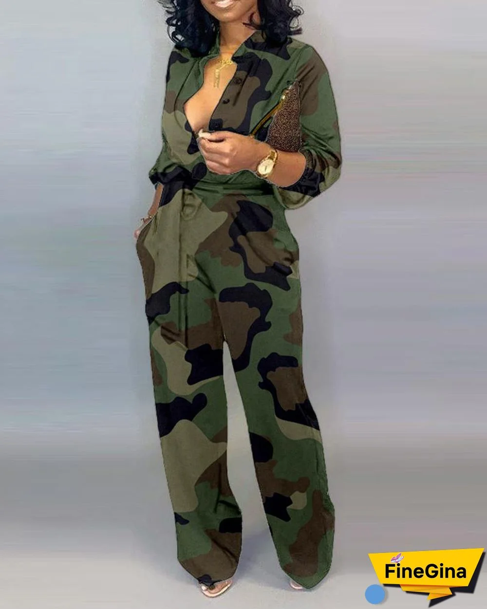 V Neck Camouflage Print Buttoned Jumpsuit