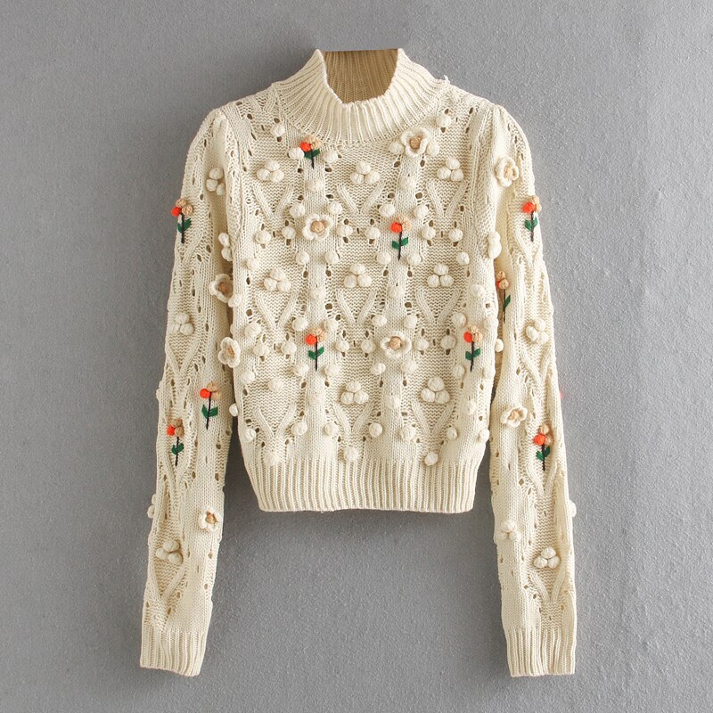 Women Sweater With O-neck Embroidery Knitted Casual Pullover Top