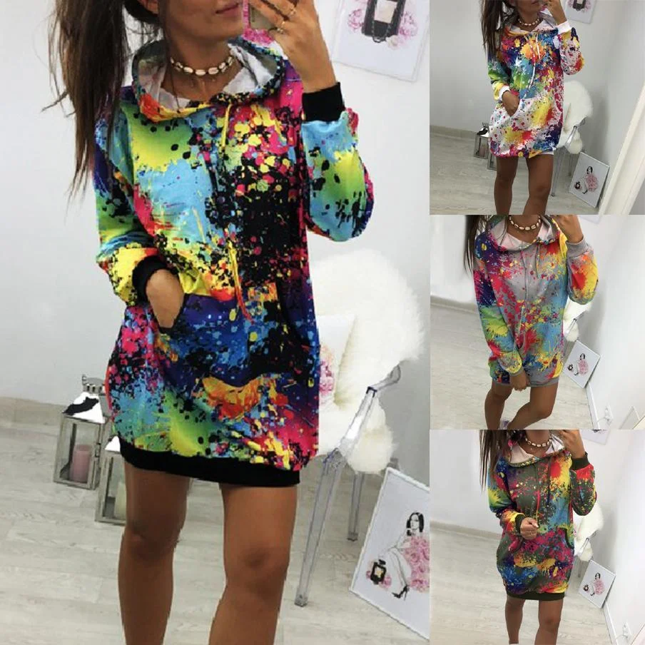 Rochie mini model hanorac cu imprimeu colorat, cu mâneci lungi, rochie potrivită pentru timpul liber