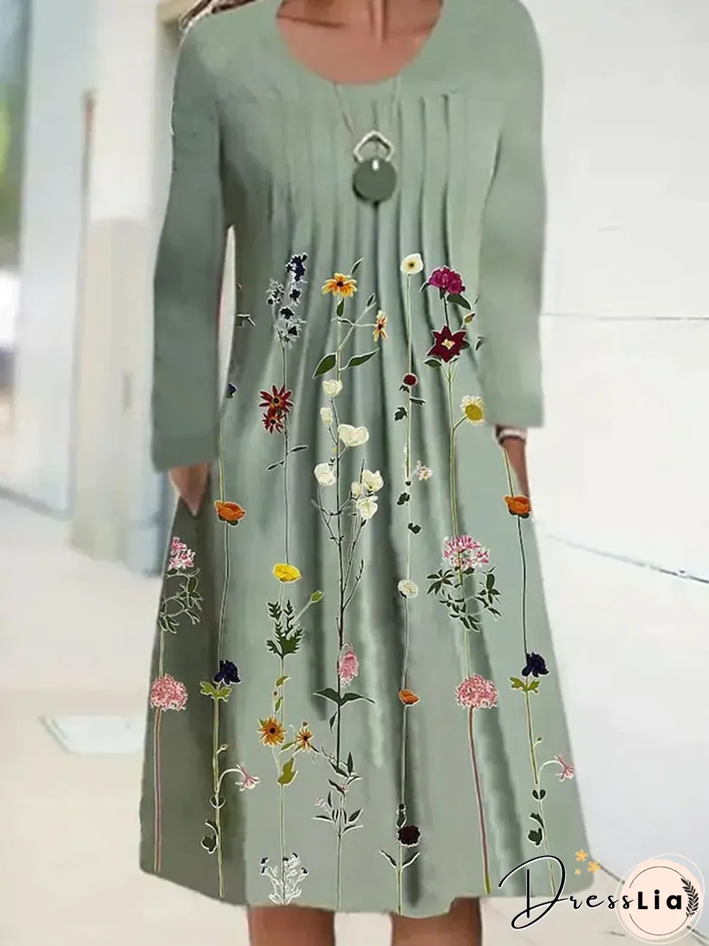 Spring/Summer Floral Print Round Neck Pullover Midi Dress Women's Long Sleeve Vintage Dress