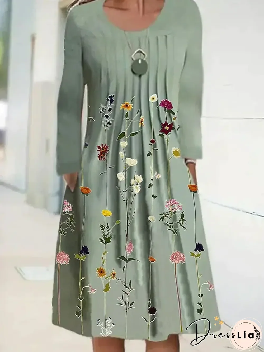 Spring/Summer Floral Print Round Neck Pullover Midi Dress Women's Long Sleeve Vintage Dress