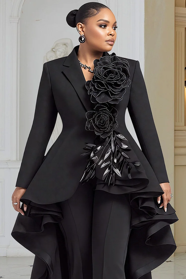 Xpluswear Design Plus Size Wedding Guest Black Lapel Collar Long Sleeve Asymmetric Hem Elegant 3D Two Piece Pant Suits [Pre-Order]