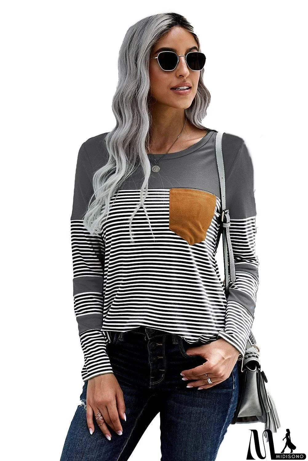 MidiSono - Casual Gray Striped Pinstripe Patch Pocket Long Sleeve Top