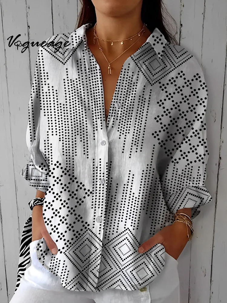 Fashion Simple Black Dot Line Grid Printed Cotton And Linen Shirt