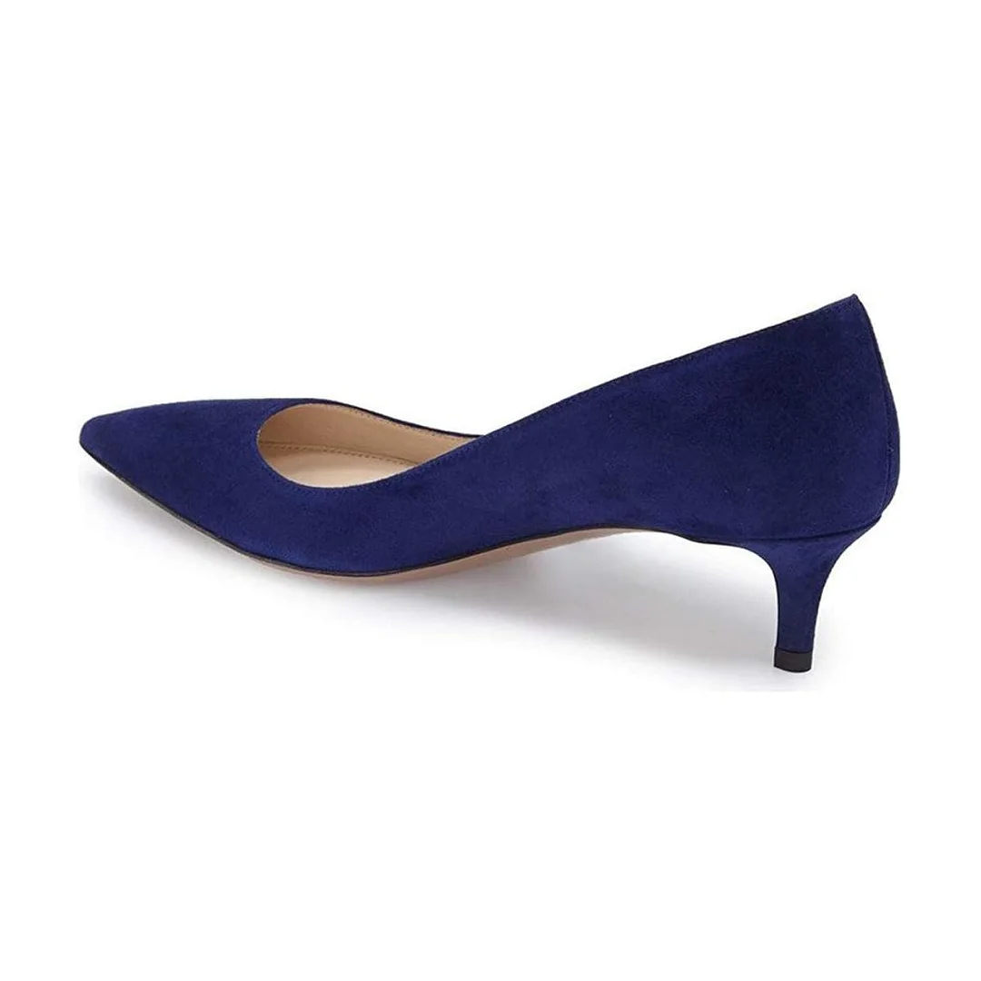 YDN Simple Navy Vegan Suede Pointed Toe Kitten Heel Pumps Shoes