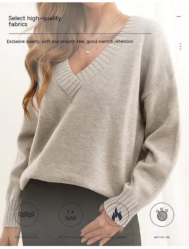 Solidny sweter z dekoltem w szpic Modny, luźny, dzianinowy top damski z długimi rękawami Koalakits36