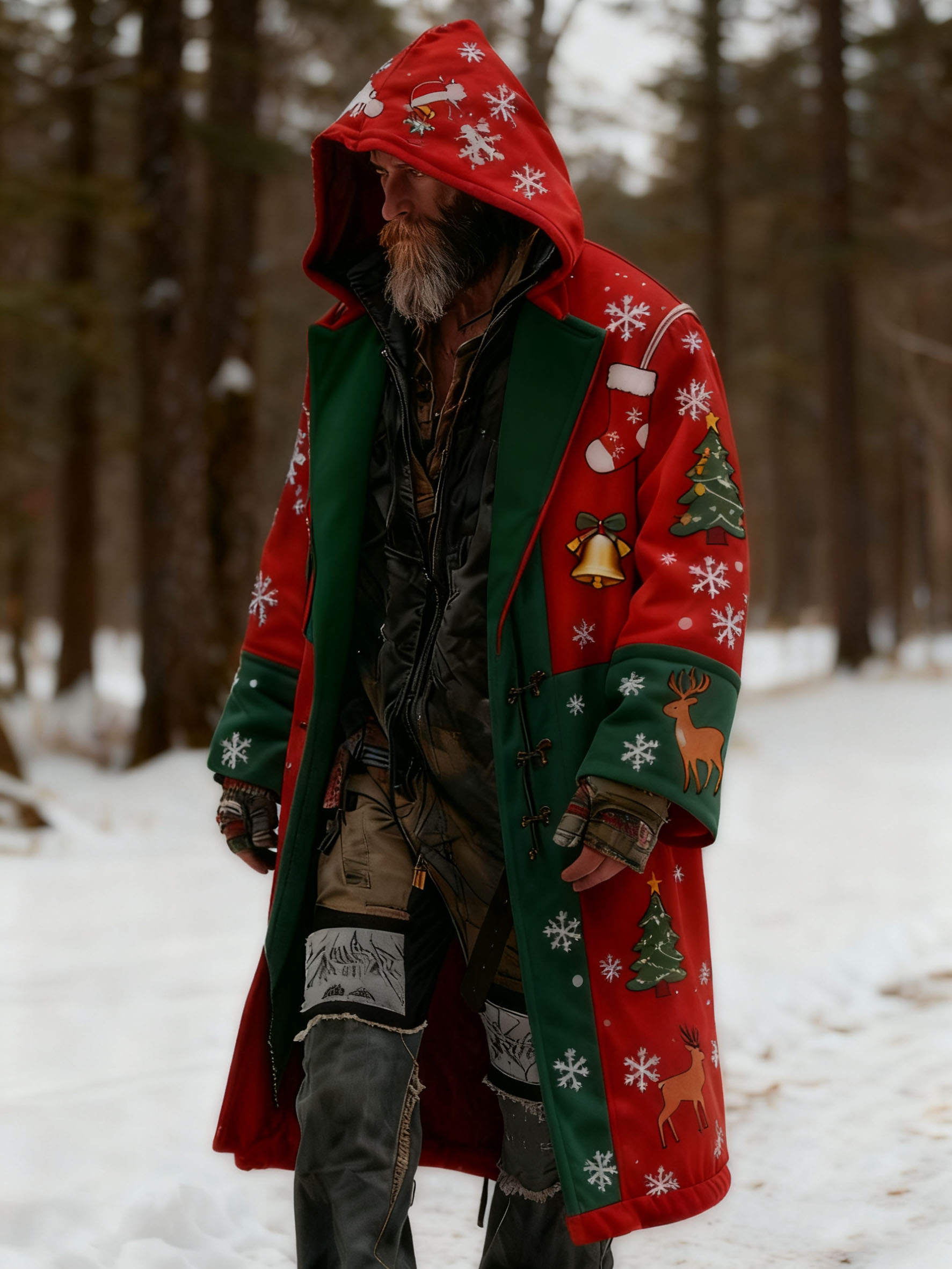 Men's Autumn Winter Christmas Printed Hooded Fleece Jacket