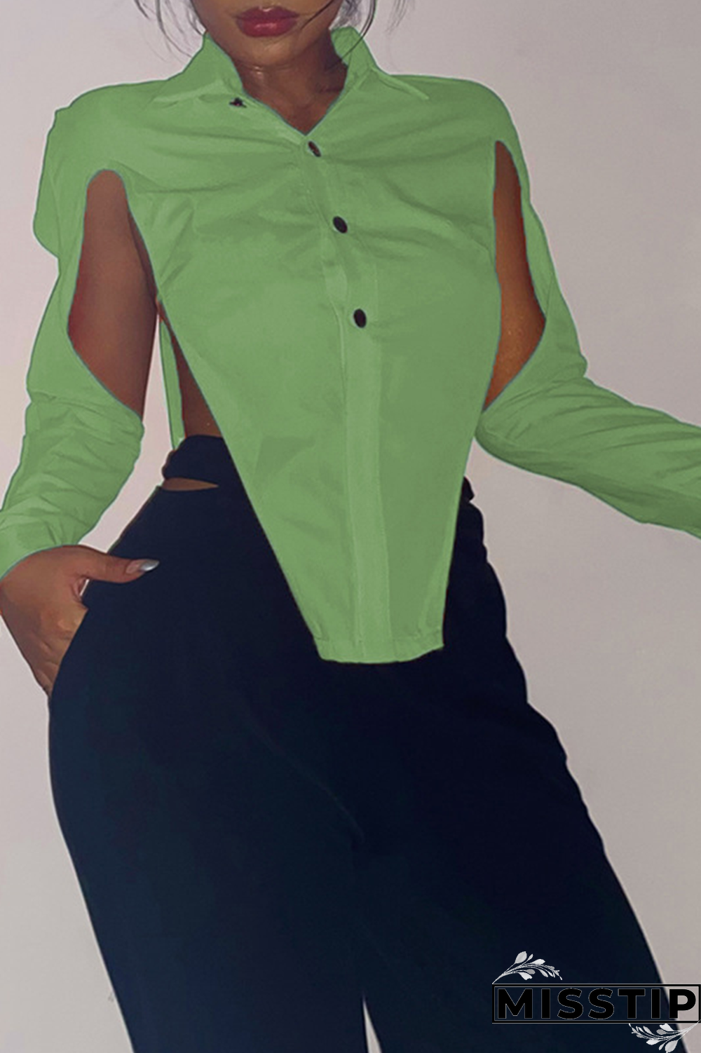 Grey Sexy Solid Hollowed Out Turndown Collar Tops