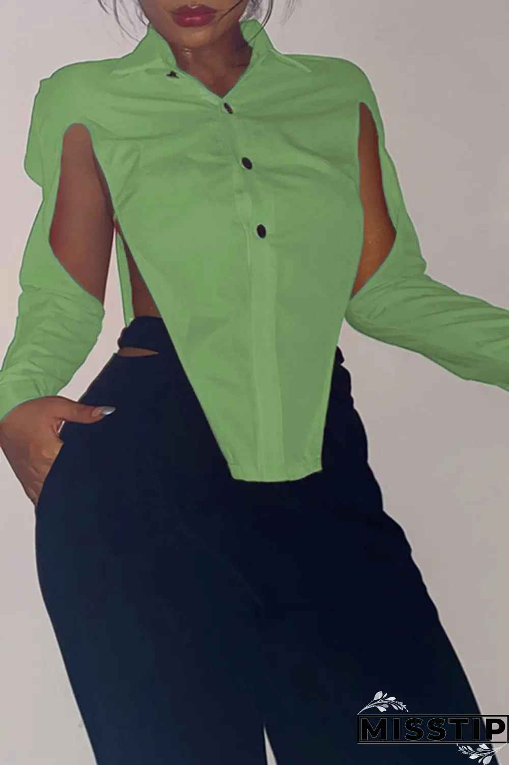 Grey Sexy Solid Hollowed Out Turndown Collar Tops