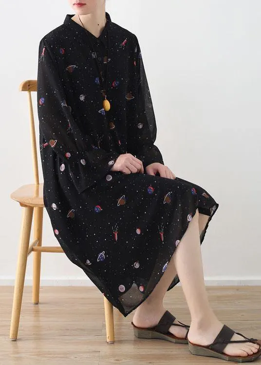 2021 Spring Summer Black Chiffon Flared Sleeve Floral Dress