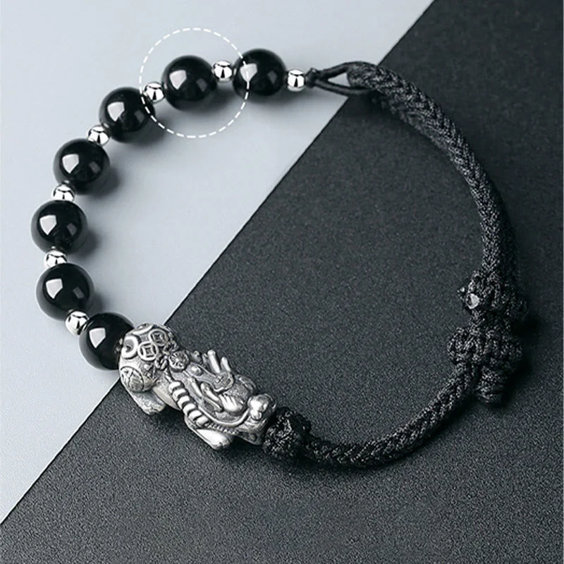 999 Sterling Silver FengShui PiXiu Natural Black Obsidian 925 Sterling Silver Bead Strength Bracelet