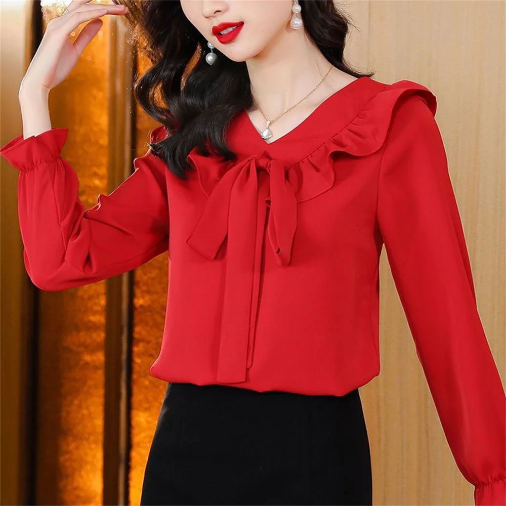 Ballifyex New Spring Korean Style Fashion Ruffled Blouse Pink Solid Chiffon Tops 2025 Elegant Bow Women Oversized Long Sleeve V Neck Shirt
