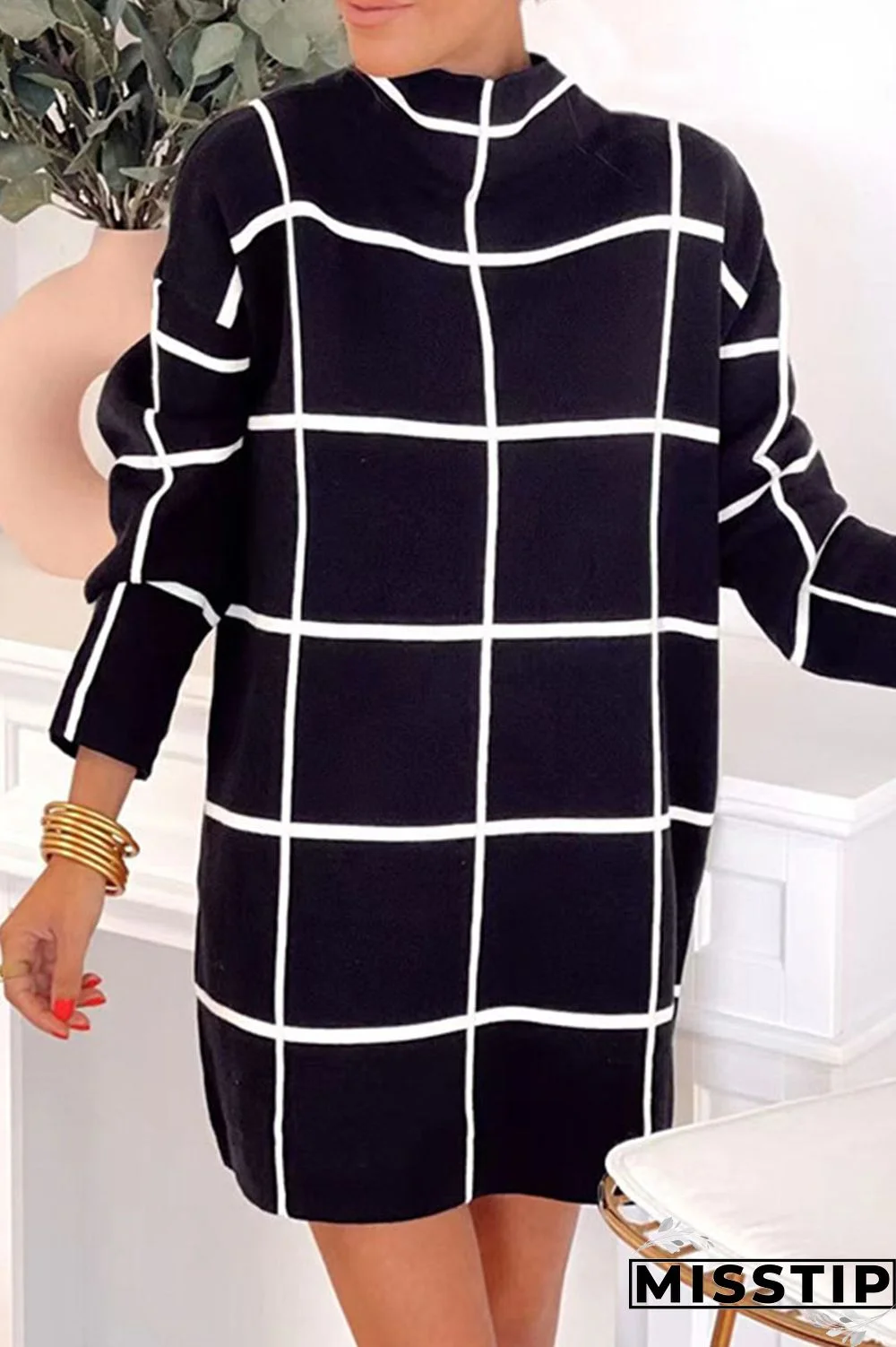 Cream White Casual Print Patchwork Half A Turtleneck Straight Dresses