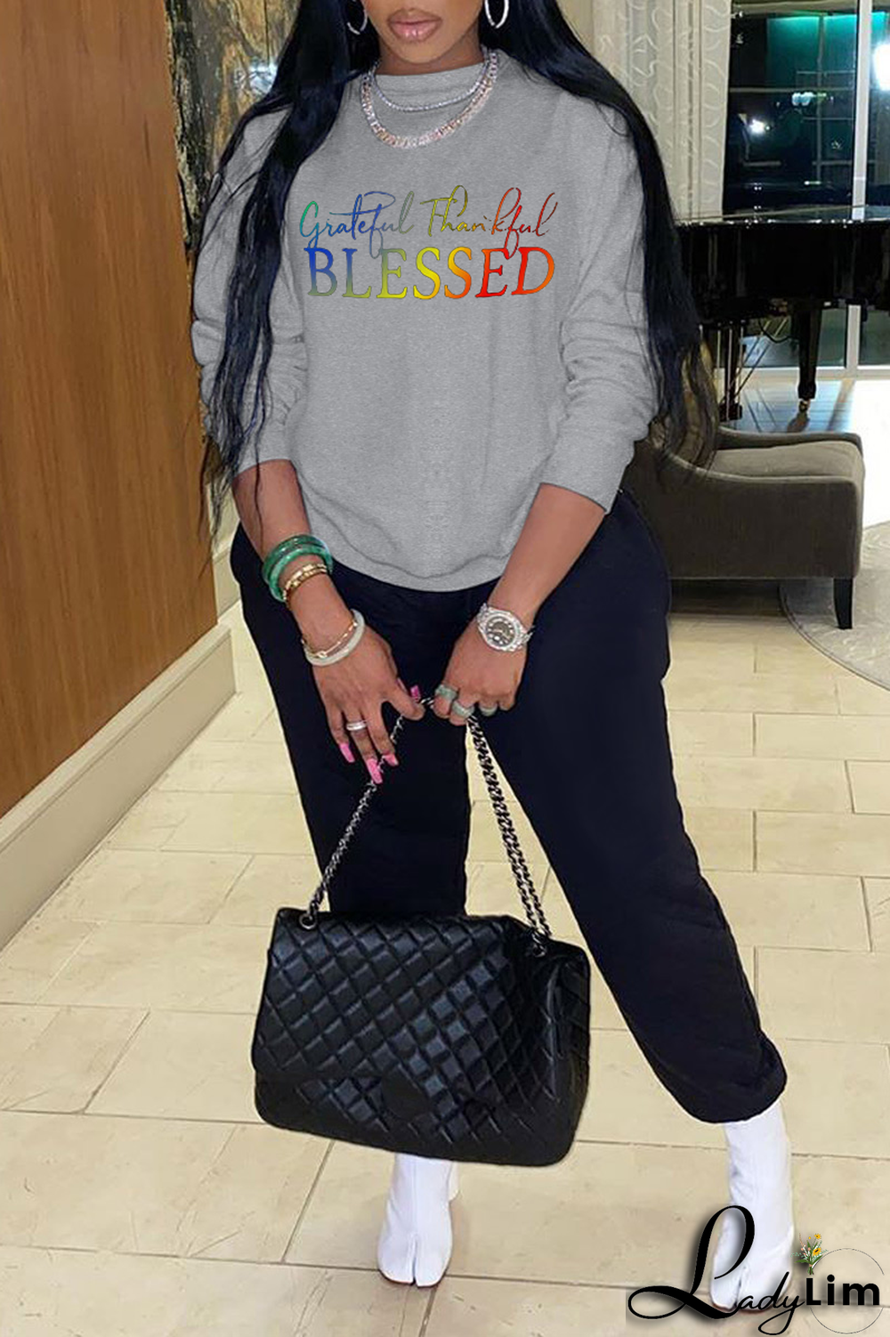 Black Fashion Street Print Letter O Neck Tops