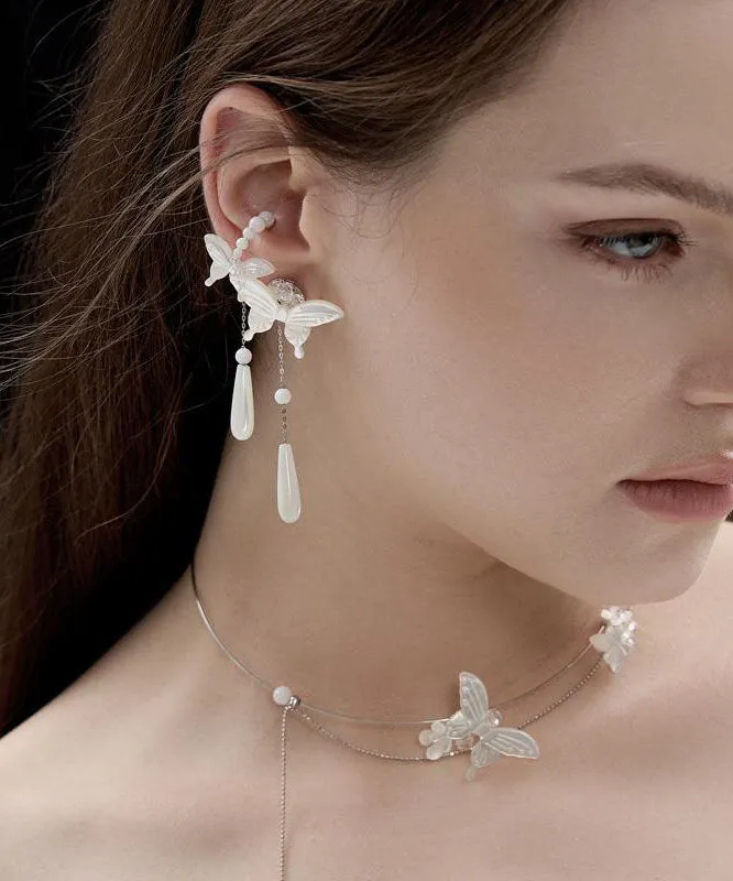Fashion White Sterling Silver Pearl Butterfly Water Drop Drop Earrings
