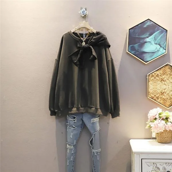 Patchwork Bow Solid Sweatshirt Women  Temperament All Match O Neck Women Clothes
